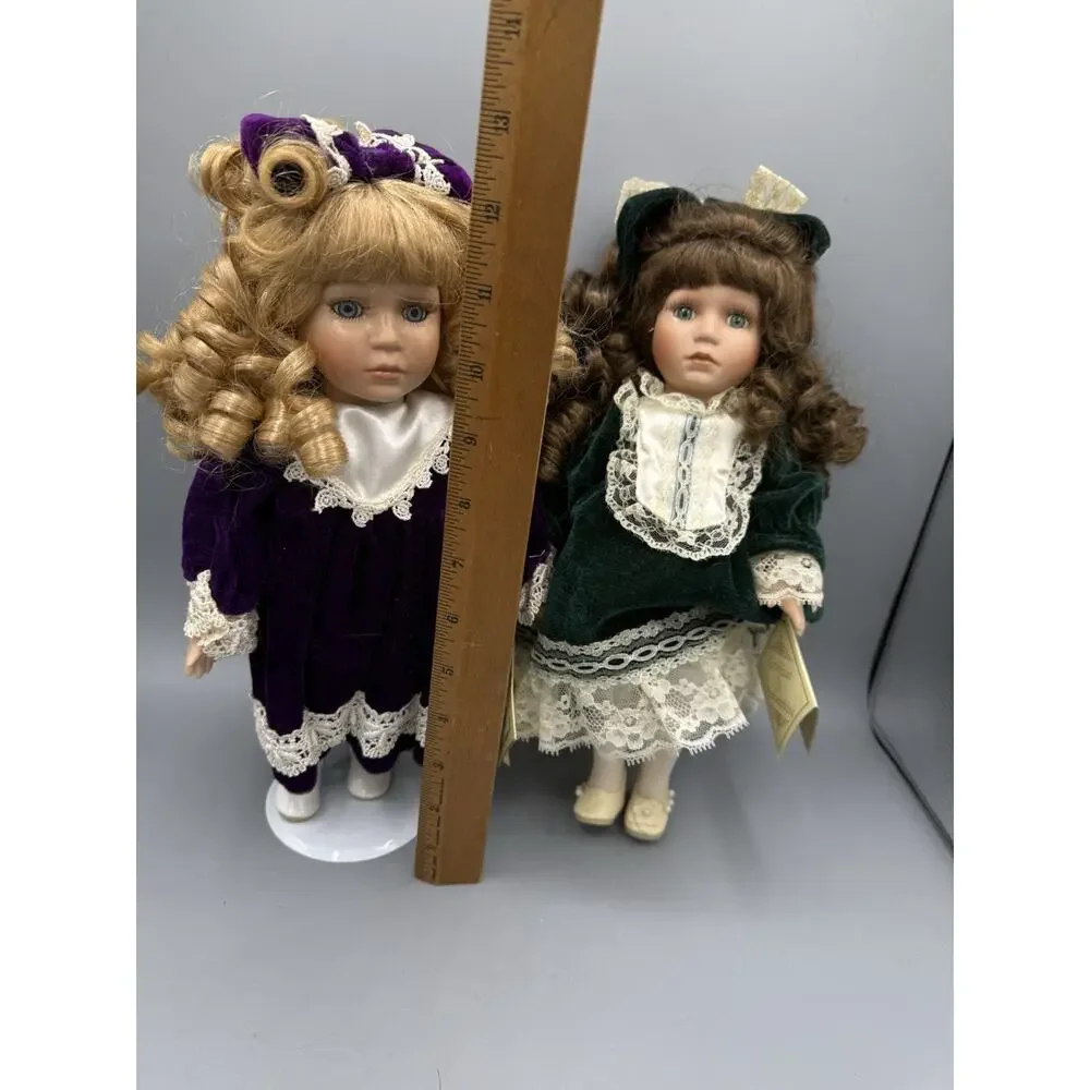 Pair 12” Porcelain Victorian Dolls Velvet Lace Dresses w/ Stands Tags